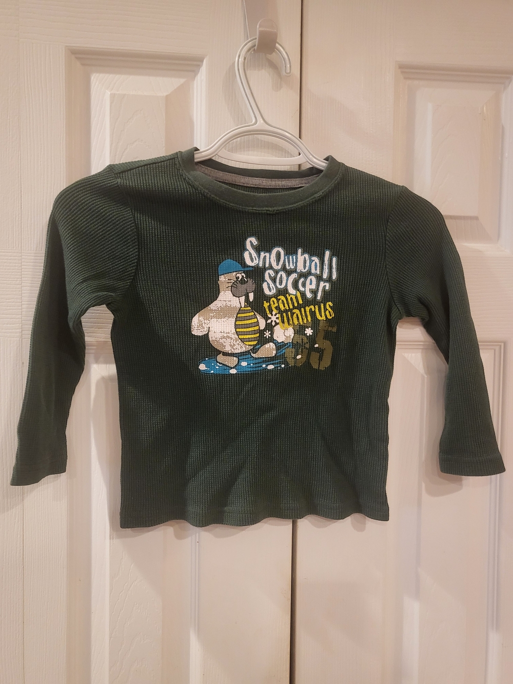 Wonderkids Forest Green Long Sleeve Tee with Walrus Snowball Soccer Team Graphic